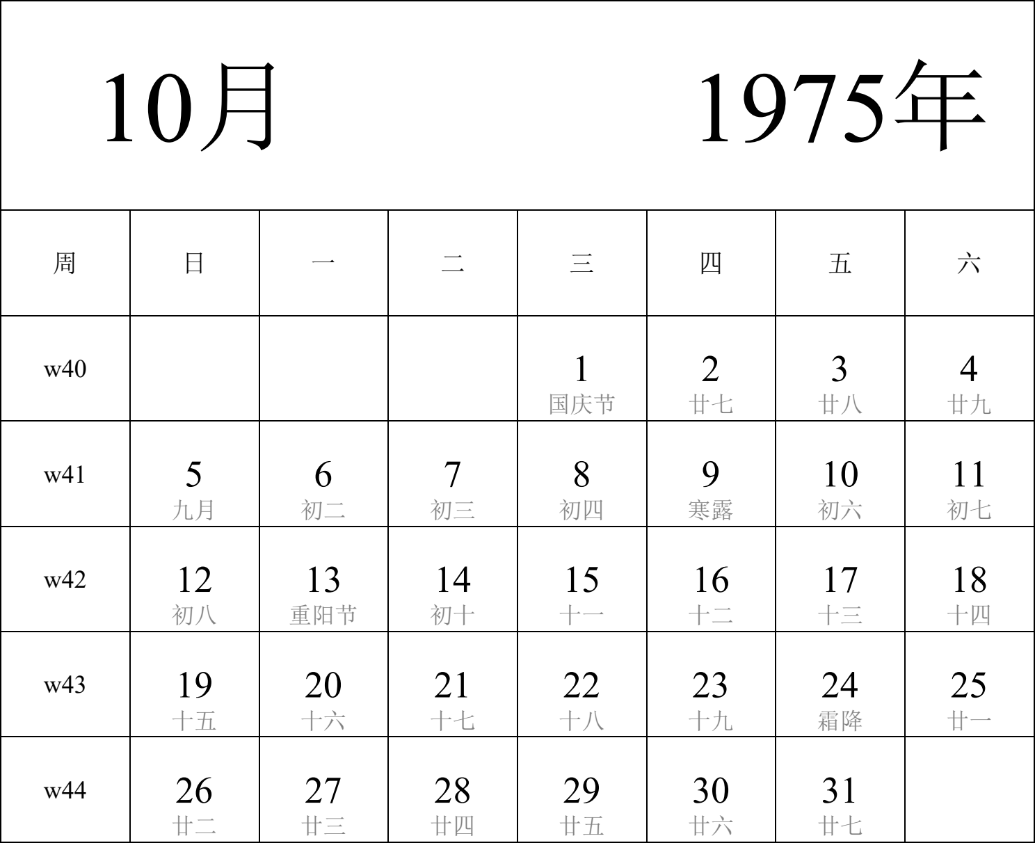 日历表1975年日历 中文版 纵向排版 周日开始 带周数 带农历